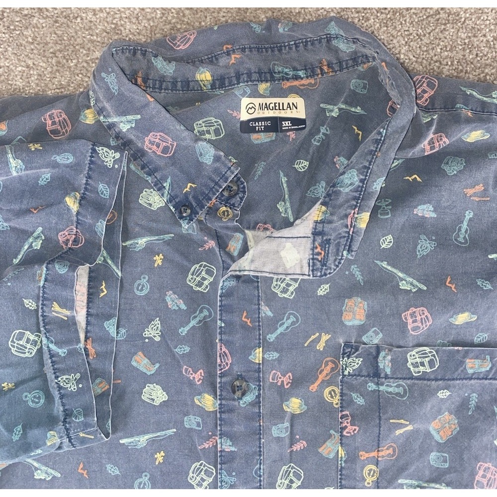Magellan Classic Fit Button Down Shirt All Over Guitar Camp Fish Print Men 3XL